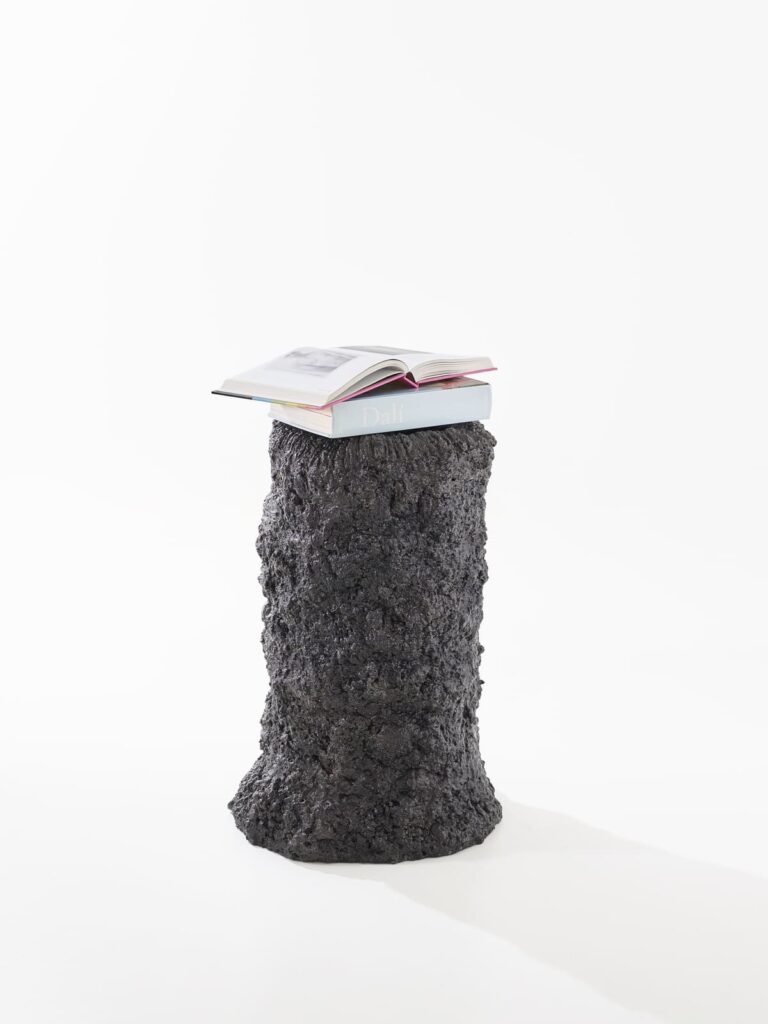 Présentation plain pied de la sculpture Carbon Rock Stromatolite, avec posés sur elle des livres