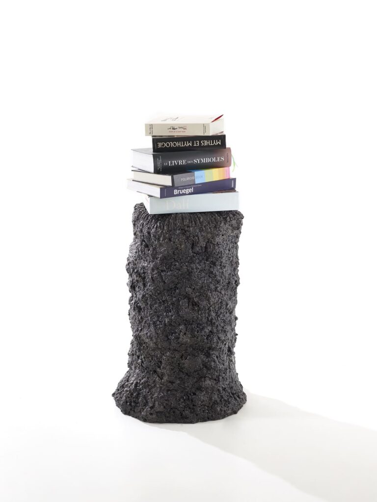 Présentation plain pied de la sculpture Carbon Rock Stromatolite, avec posée sur elle une pile de livres