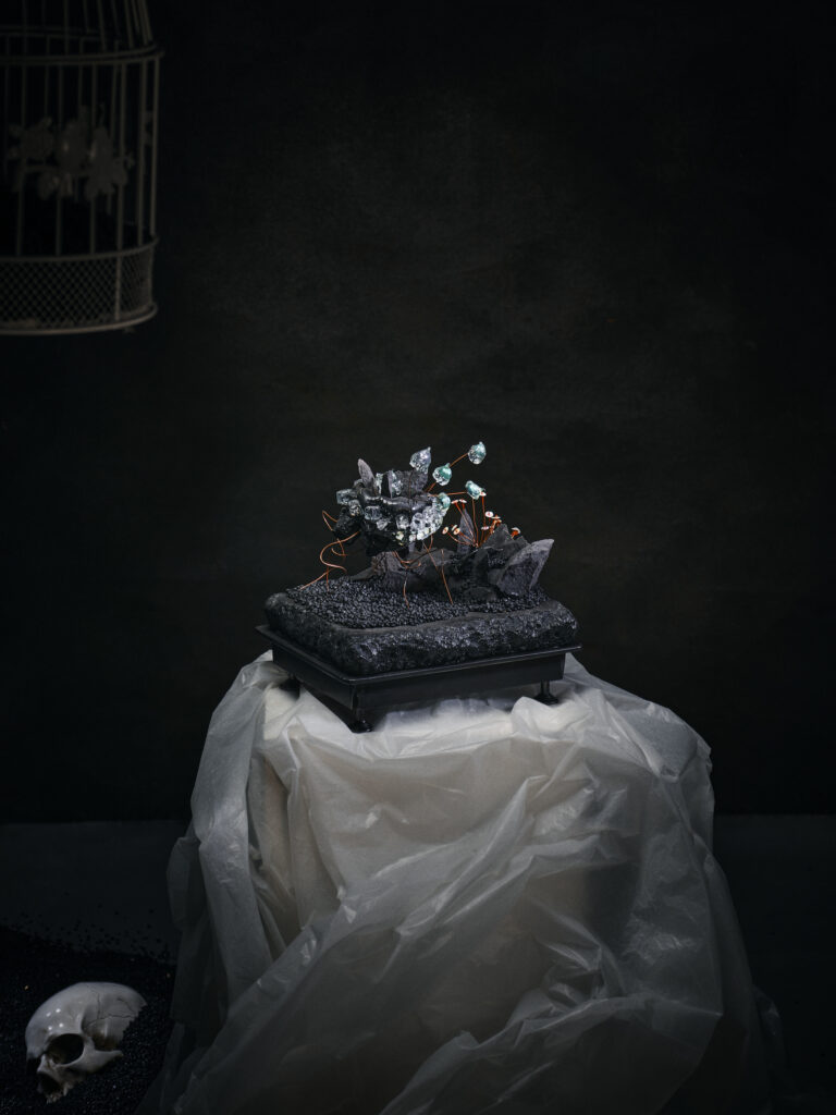 Photo mise en scène pièce minimaliste et forte d'un mini-monde de l'artiste contemporain et sculpteur français Frédéric Naud