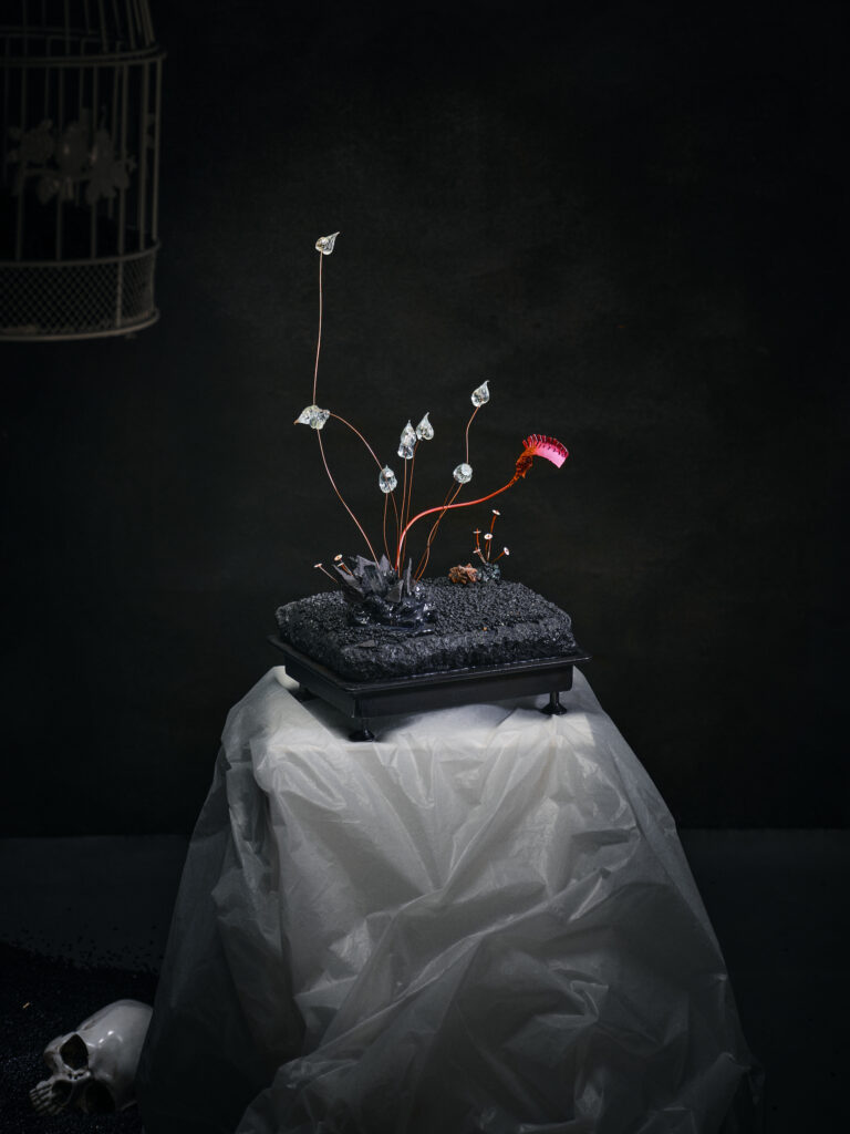 Photo mise en scène pièce minimaliste d'un mini-monde de l'artiste contemporain et sculpteur français Frédéric Naud