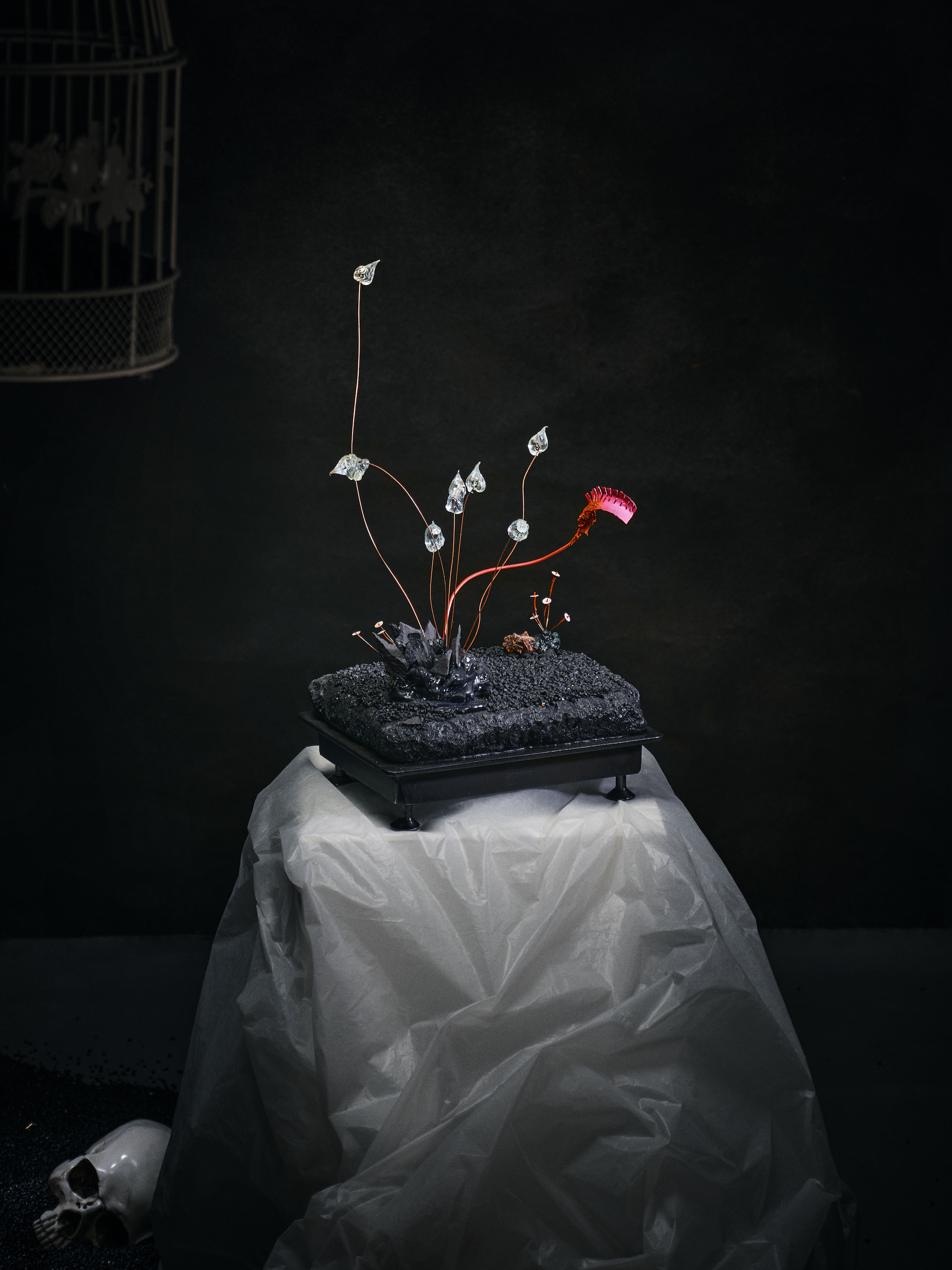 Photo mise en scène pièce minimaliste d'un mini-monde de l'artiste contemporain et sculpteur français Frédéric Naud