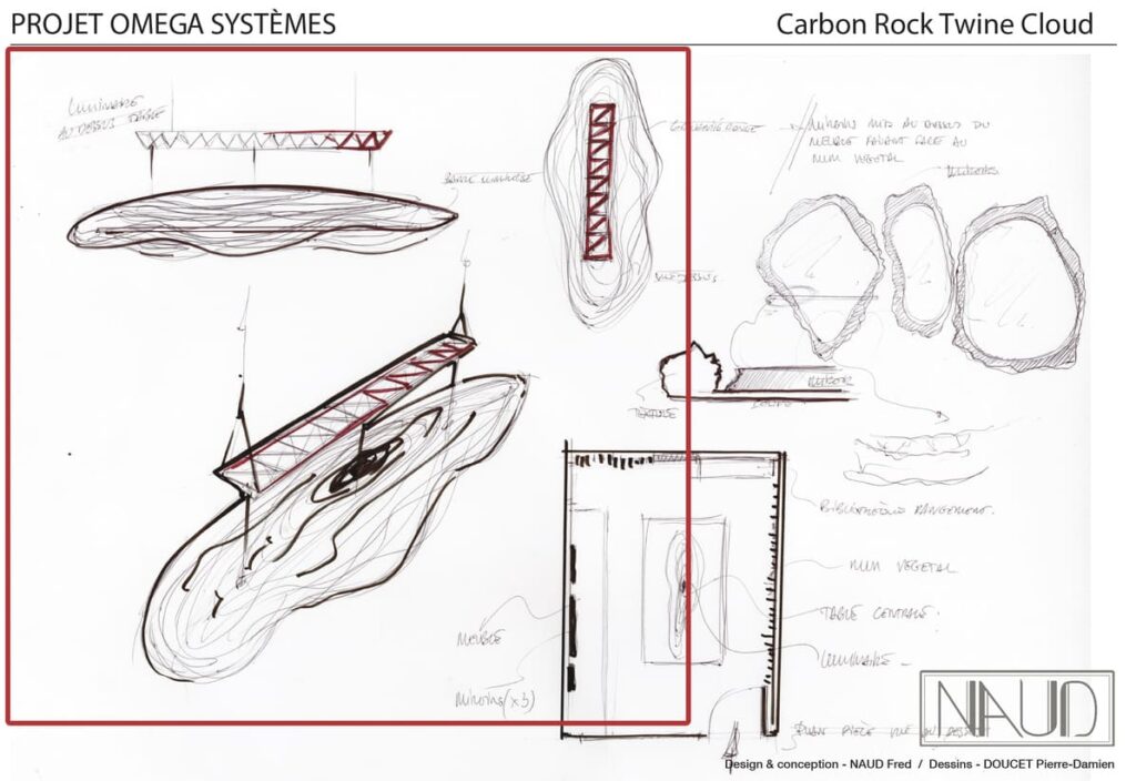 Planche à dessin pour présenter le luminaire du projet ColeopteR en partenariat avec l'entreprise Oméga Système Web Industries, dans le recyclage du carbone aéronautique