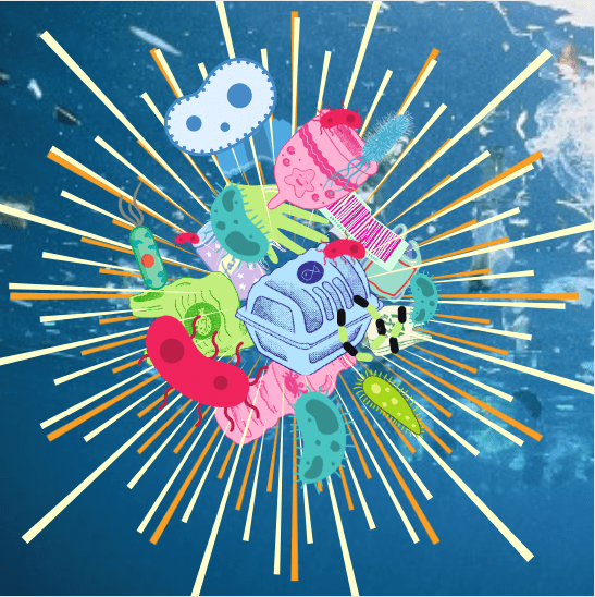 Illustration de déchets plastiques qui flottent en mer et qui servent de formidable source de nourriture à des micro-organismes, dans un article de l'artiste Frédéric Naud.